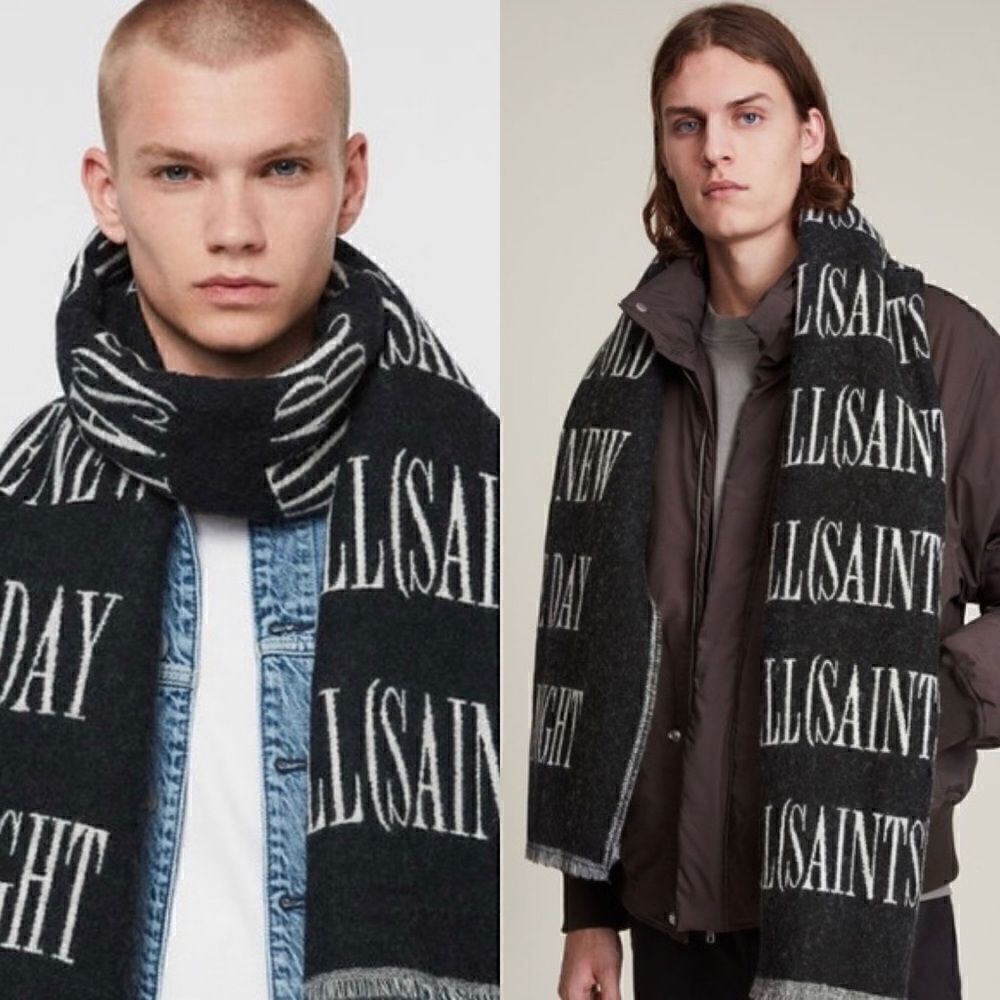 All Saints Varsity Wool Blend Woven Scarf Black